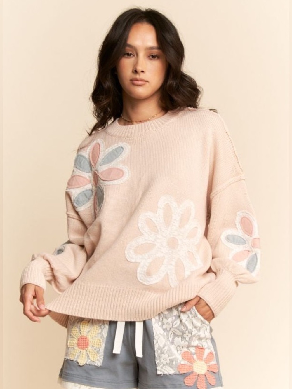 Davi & Dani Pink Floral Patchwork Applique Slouchy Oversized Knit Sweater S Boho